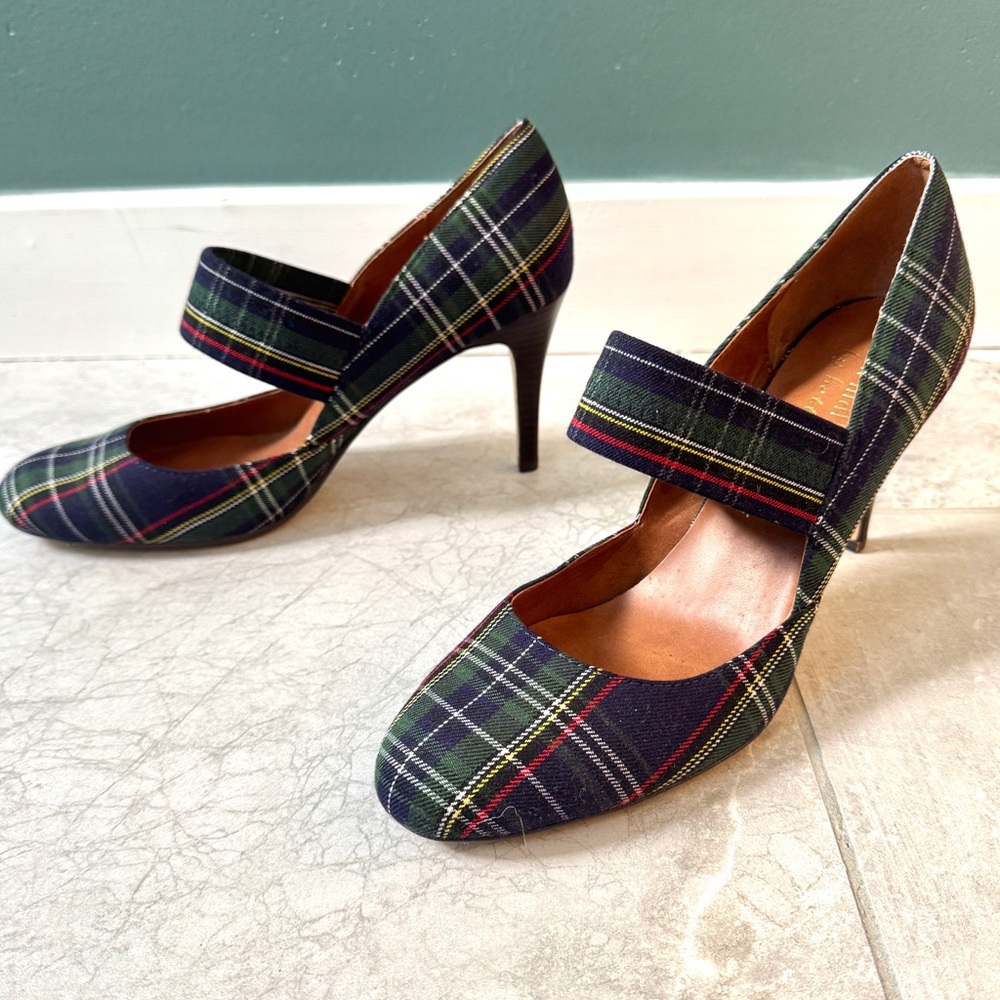 ANN MARINO by BETTYE MULLER plaid Mary jane HEELS retro pinup blue women’s 9 red - Picture 3 of 11